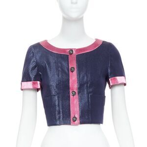 CHANEL 22K navy pink metallic wool blend cropped jacket FR36 S